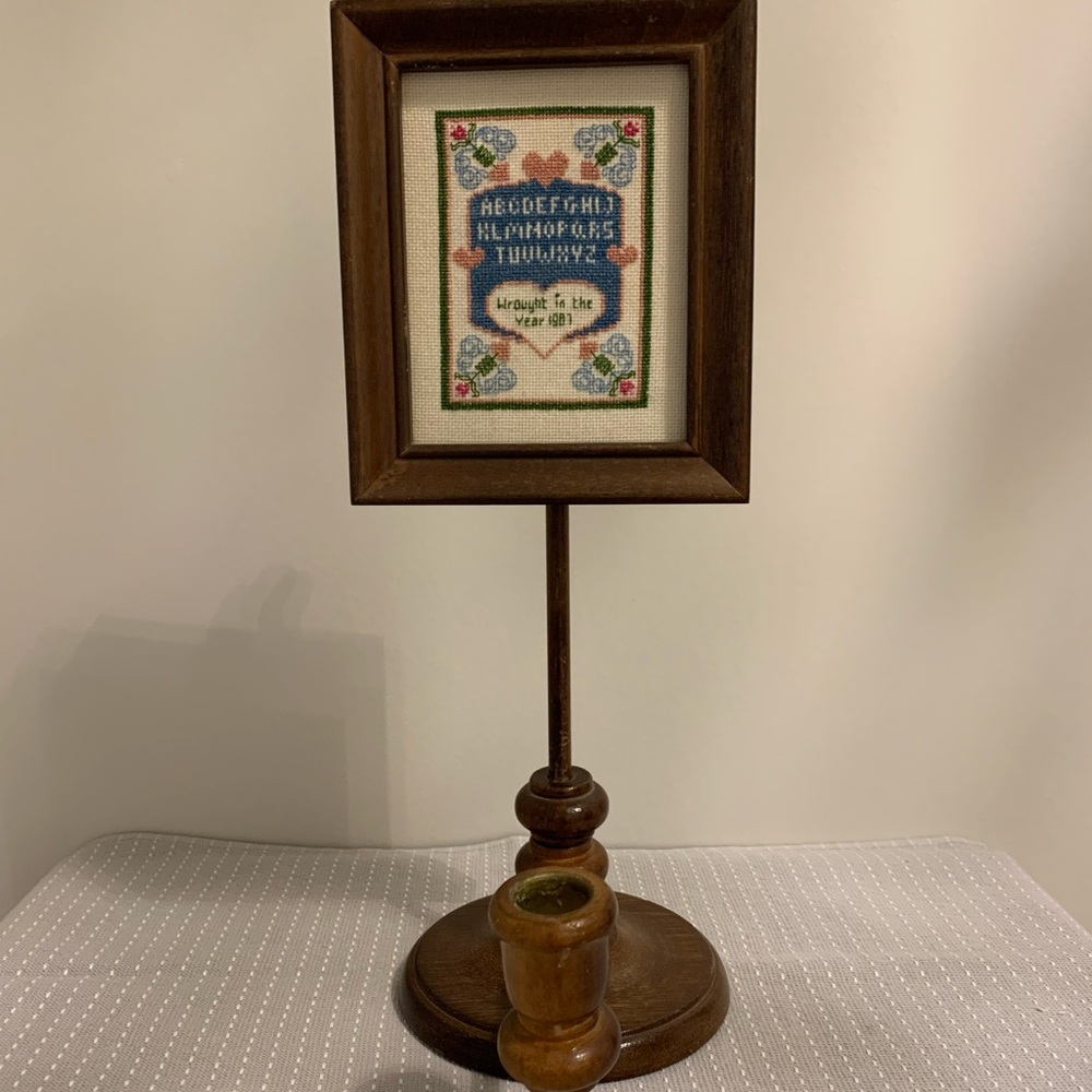 Vintage Wooden Candleholder with Cross-Stitch Picture